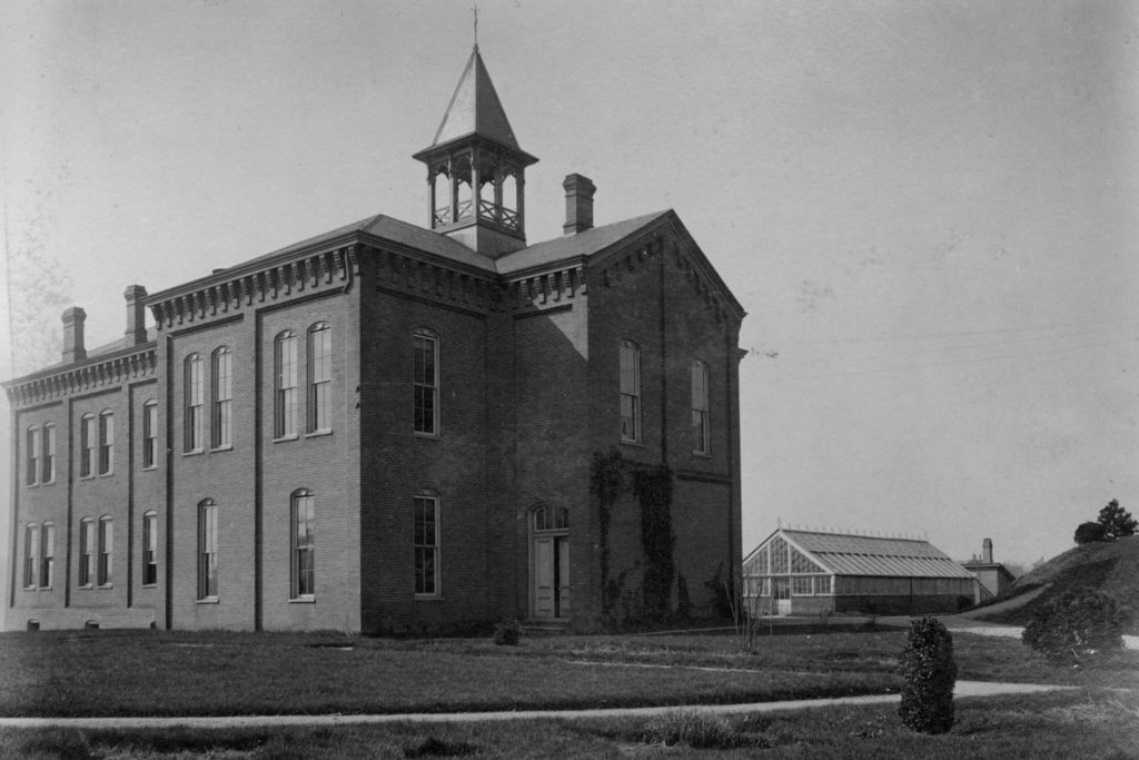 1869: Land-Grant University Designation, College of Agriculture Founded

The original Morrill Hall built on the Hill in 1880 and once home to the president's office. The building was renamed Carrick Hall in 1908 and burned in 1942.
