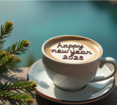 Image of coffee cup with Happy New Year 2025 wrote on it.